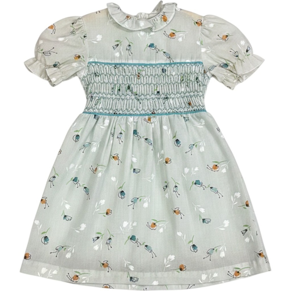 Vintage Smocked Floral Butterfly Dress Mint Green Puff Sleeve Ruffle Cottage 4T